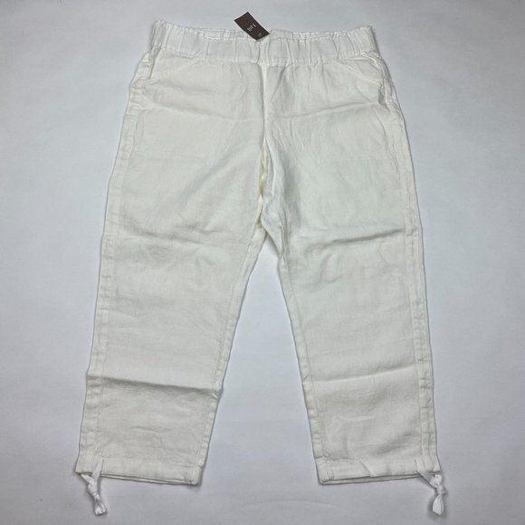 J Jill Linen Pull on Crop Pant Elastic waist Pocket Flat Front Ivory Women L NWT - Picture 1 of 11